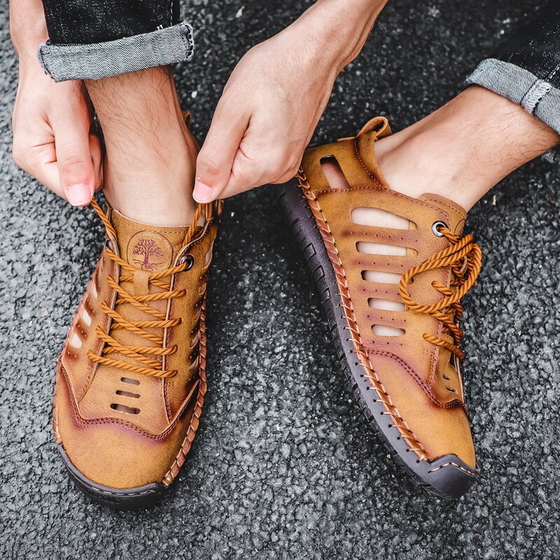 Men Closed Toe Hand Stitching Hole Leather Dress Sandals