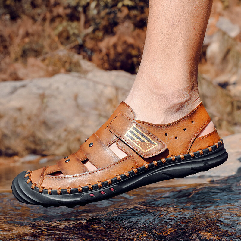 Men Hand Stitching Non Slip Hook Loop Outdoor Casual Leather Sandals