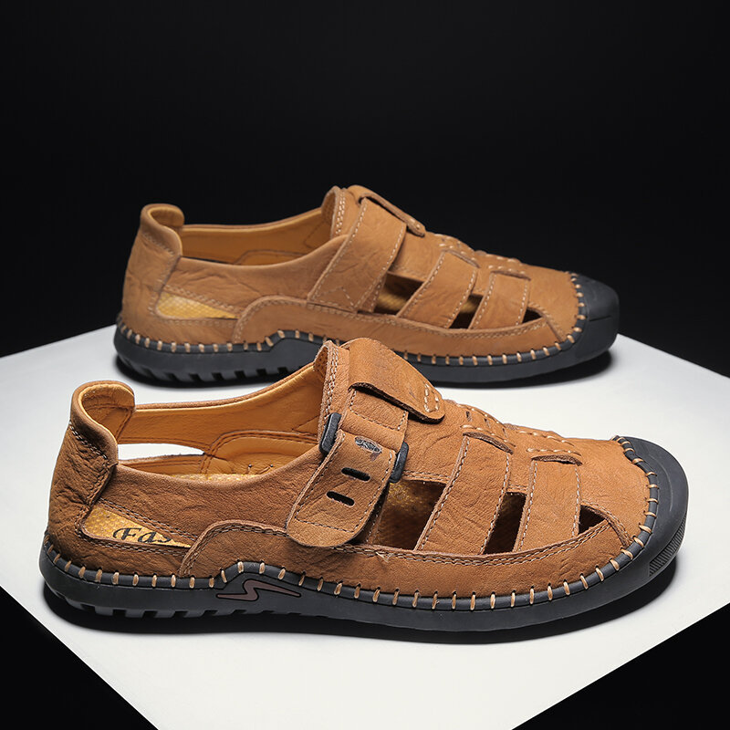 Men Cow Leather Hand Stitching Non Slip Hollow Out Casual Sandals