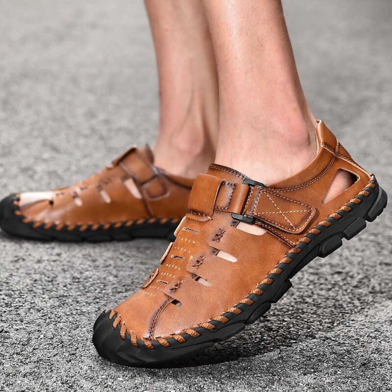 Men Hand Stitching Leather Non Slip Soft Sole Hook Loop Casual Sandals