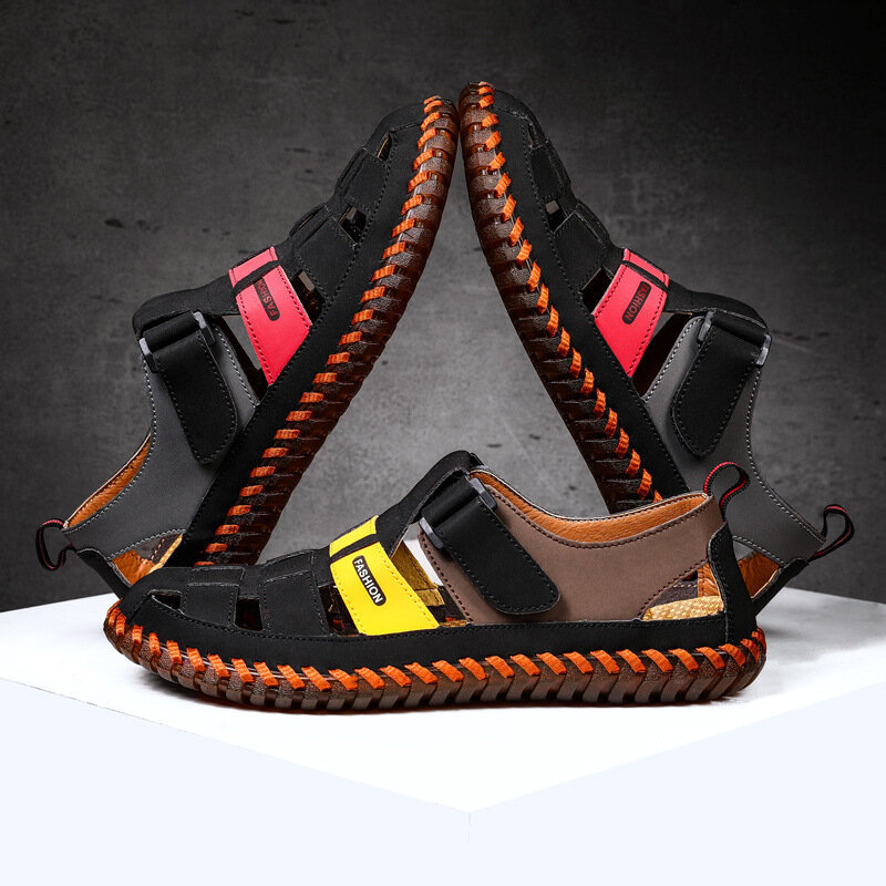 Men Closed Toe Hand Stitching Woven Style Leather Dress Sandals