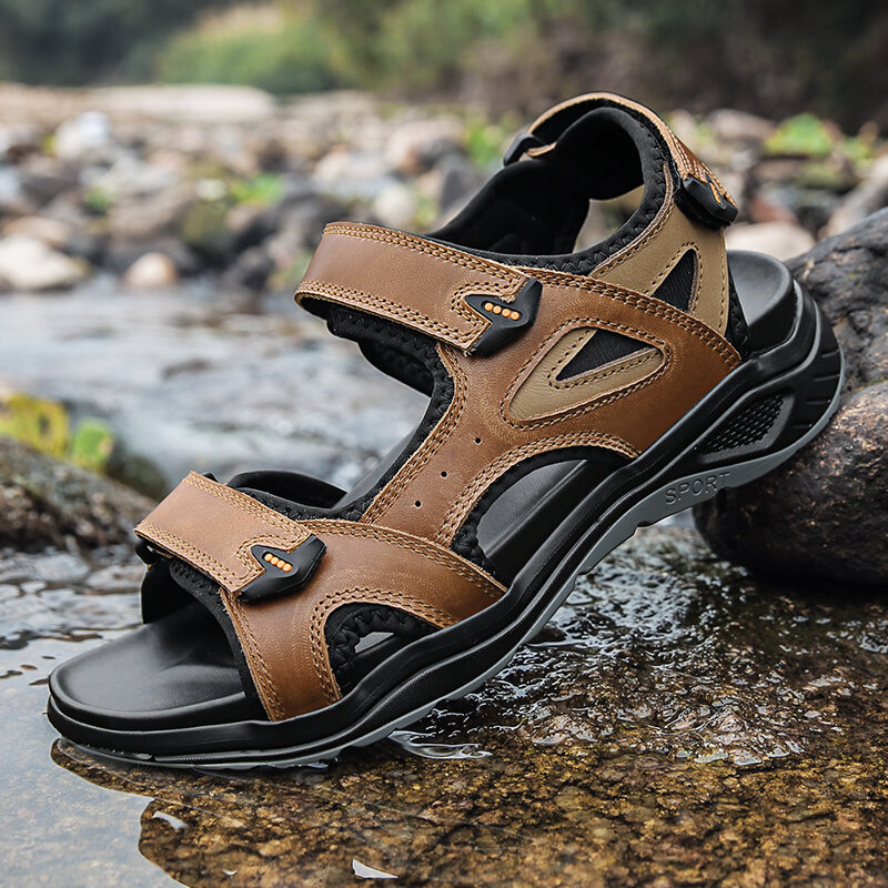 Men Cow Leather Waterproof Non Slip Hiking Leather Sandals