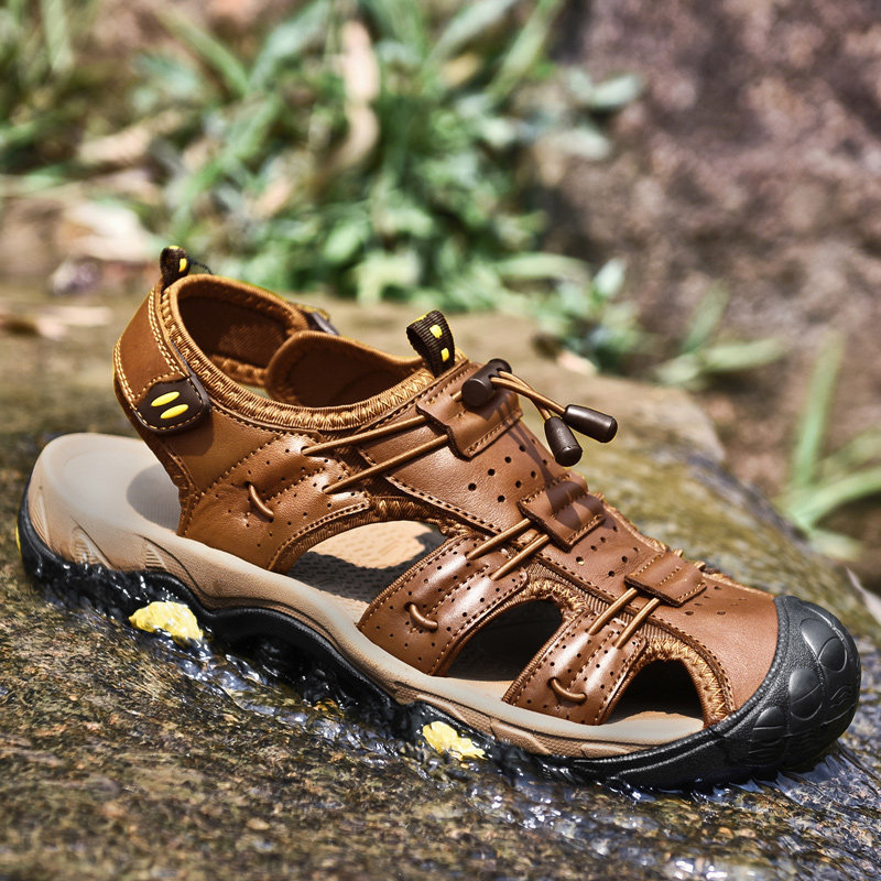 Men Genuine Leather Non Slip Anti-collision Soft Sole Casual Hiking Sandals