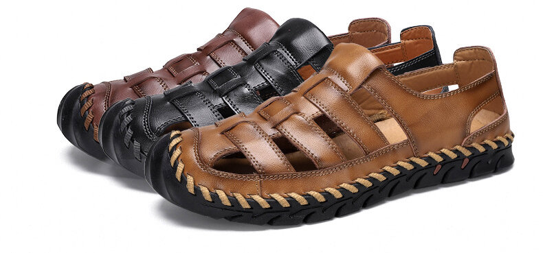 Men Hand Stitching Outdoor Slip Resistant Cow Leather Hole Sandals