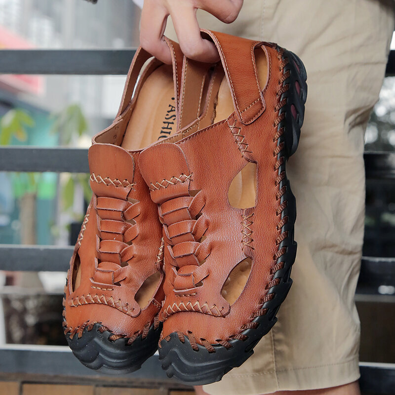 Men Handcraft Woven Outdoor Slip Resistant Cow Leather Sandals