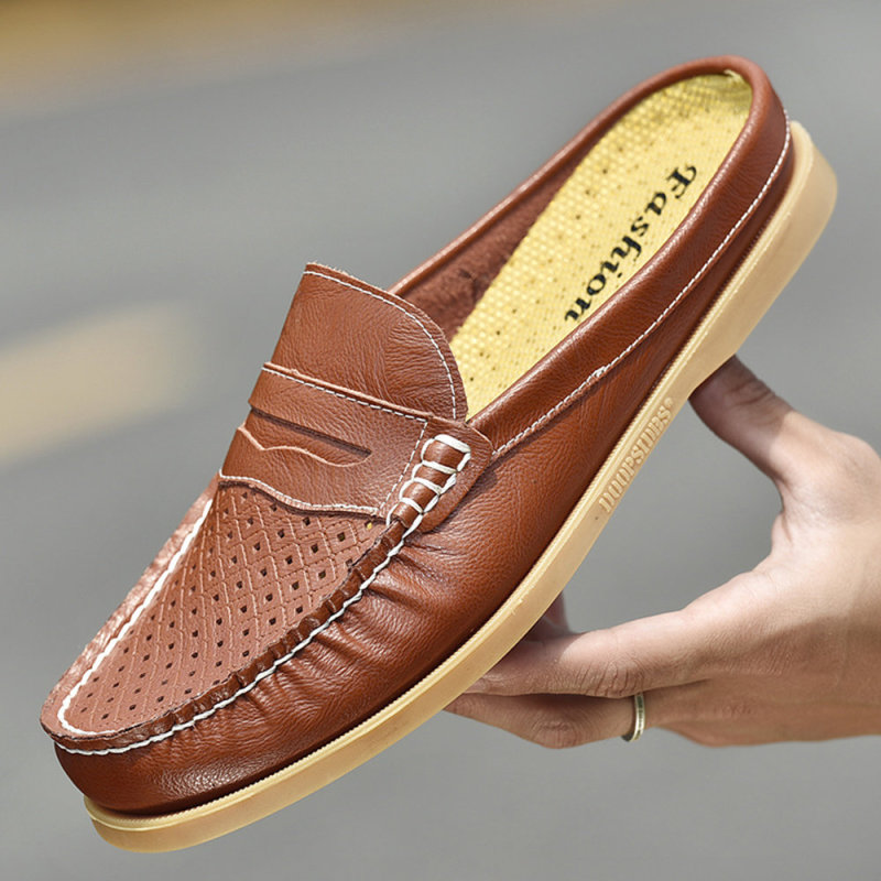 Men Moc Toe Hollow Out Breathable Comfy Leather Backless Loafers