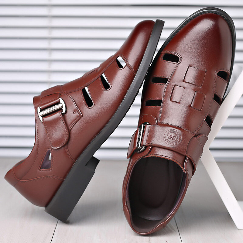 Men Closed Toe Woven Leather Hook Loop Dress Sandals Calceus