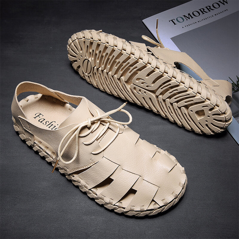 Men Hand Stitching Microfiber Leather Hollow Out Casual Sandals