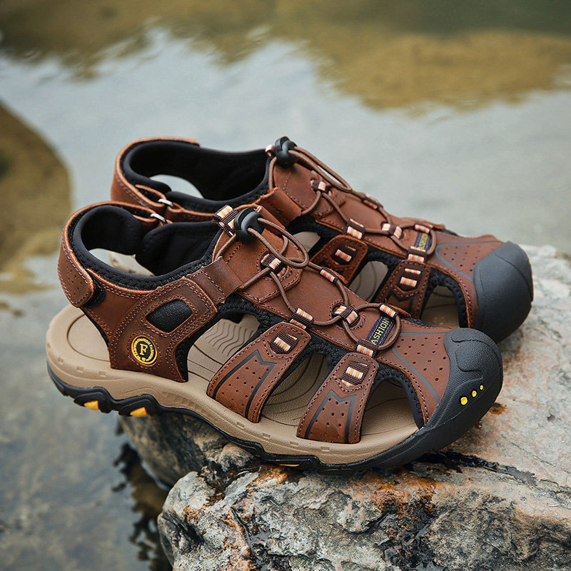 Men Anti-Collision Leather Non Slip Soft Sole Casual Hiking Sandals