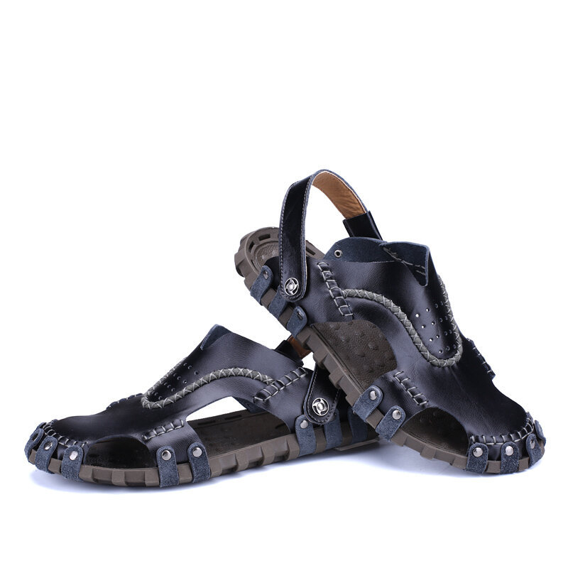 Men Hand Stitching Leather Non Slip Metal Soft Sole Casual Sandals