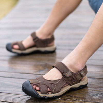 Men Leather Toe Protecting Hollow Out Hook Loop Outdoor Sandals