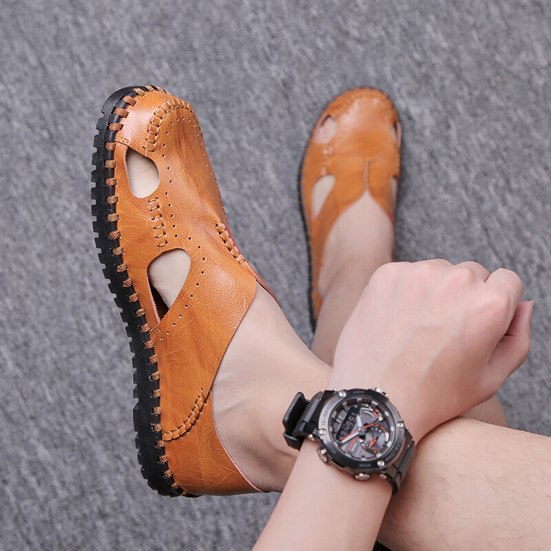 Men Hand Stitching Leather Non Slip Hollow Out Soft Sole Casual Sandals