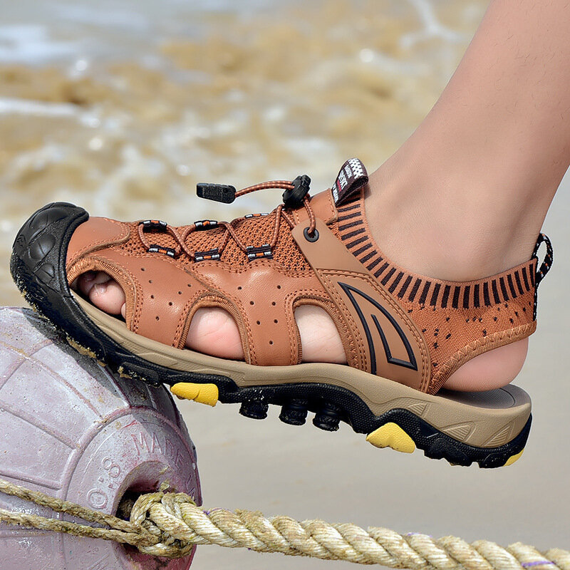 Men Genuine Cow Leather Anti-collision Toe Outdoor Hiking Sandals