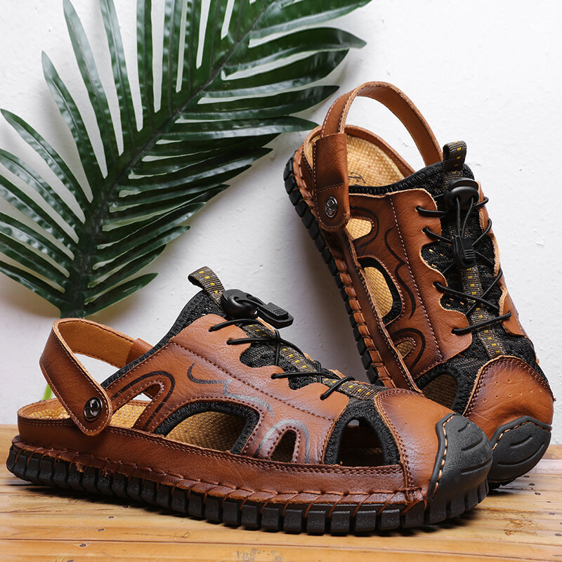 Men Rubber Toe Cap Hand Stitching Outdoor Leather Sandals