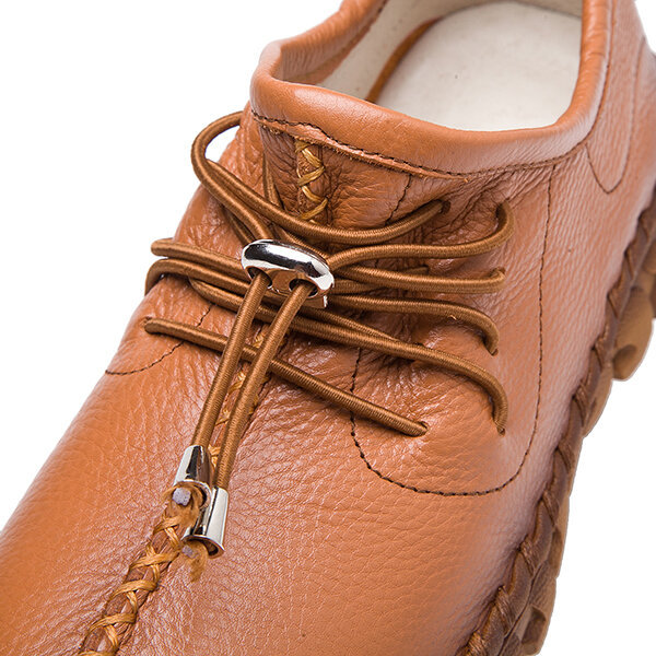 Women Casual Lace Up Pure Color Soft Flat Leather Shoes
