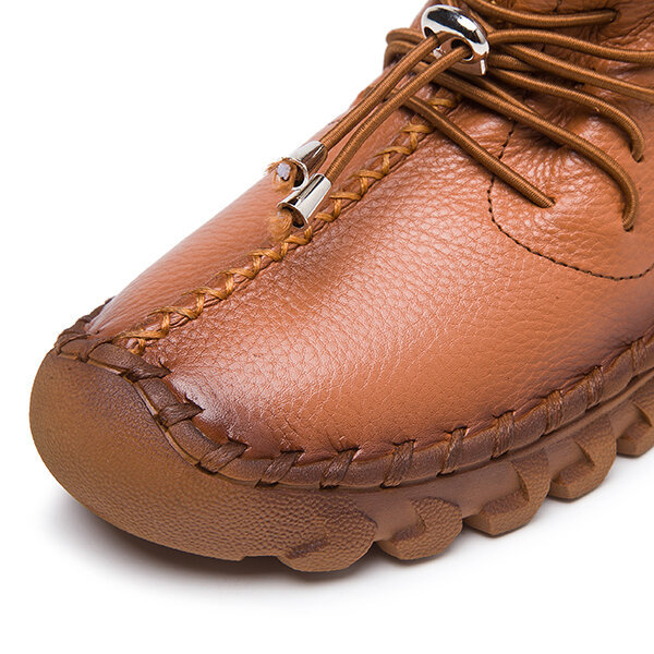 Women Casual Lace Up Pure Color Soft Flat Leather Shoes