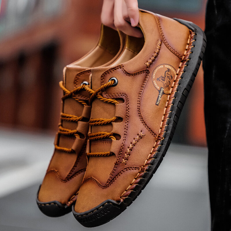 Mens Hand Stitching Soft Lace Up Microfiber Leather Shoes Calceus