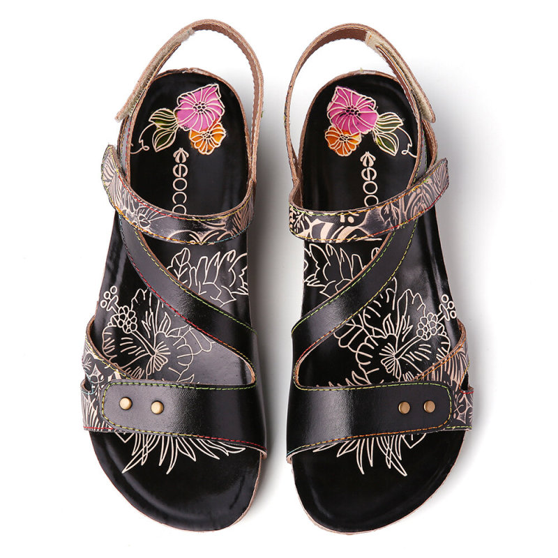 Women Retro Leather Flower Hook Loop Slingback Non-slip Flat Sandals