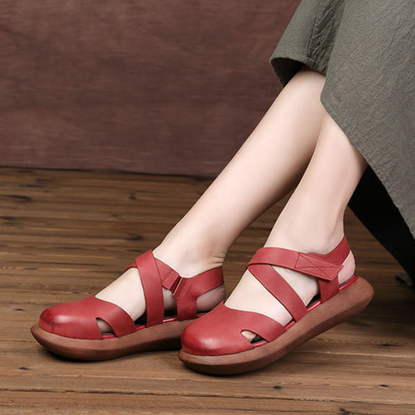 Women Hollow Out Pure Color Handmade Leather Retro Sandals