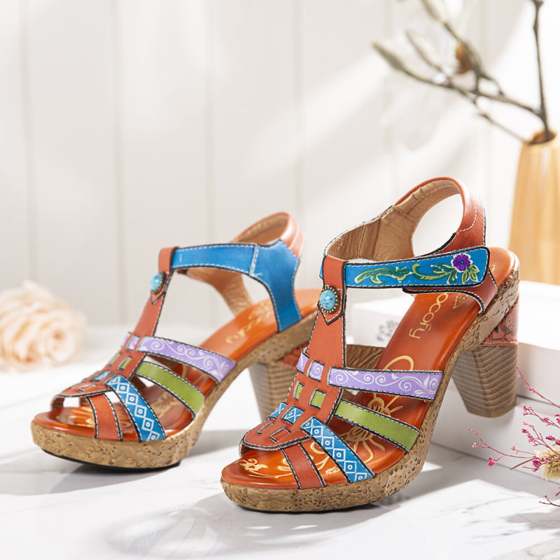 Women Retro Leather Bohemia Printed Strappy Chunky High Heel Sandals