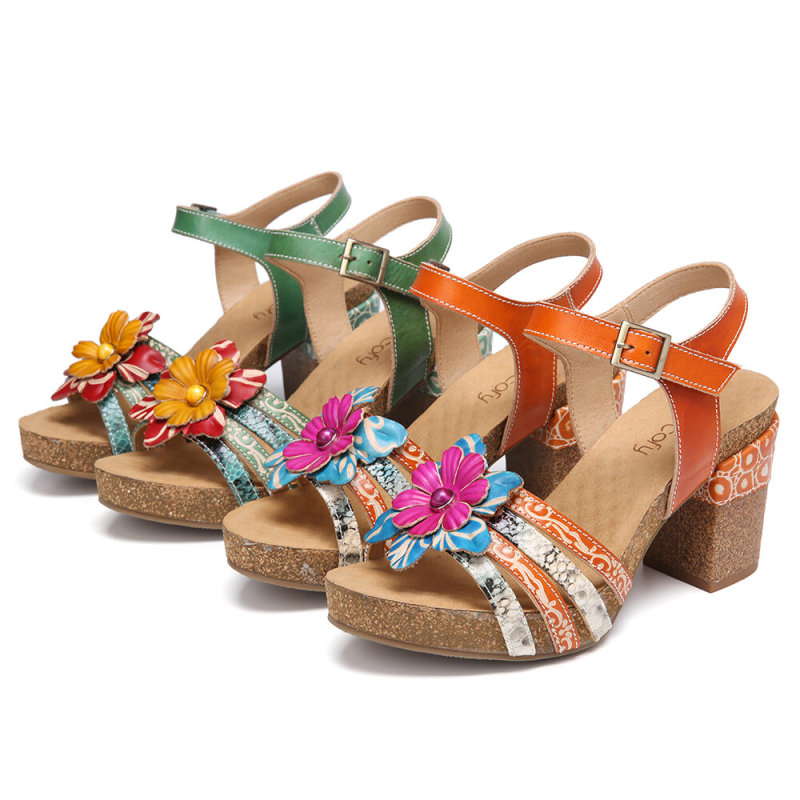 Women Leather Beaded Floral Strappy Adjustable Ankle Strap High Heels Chunky Heel Sandals