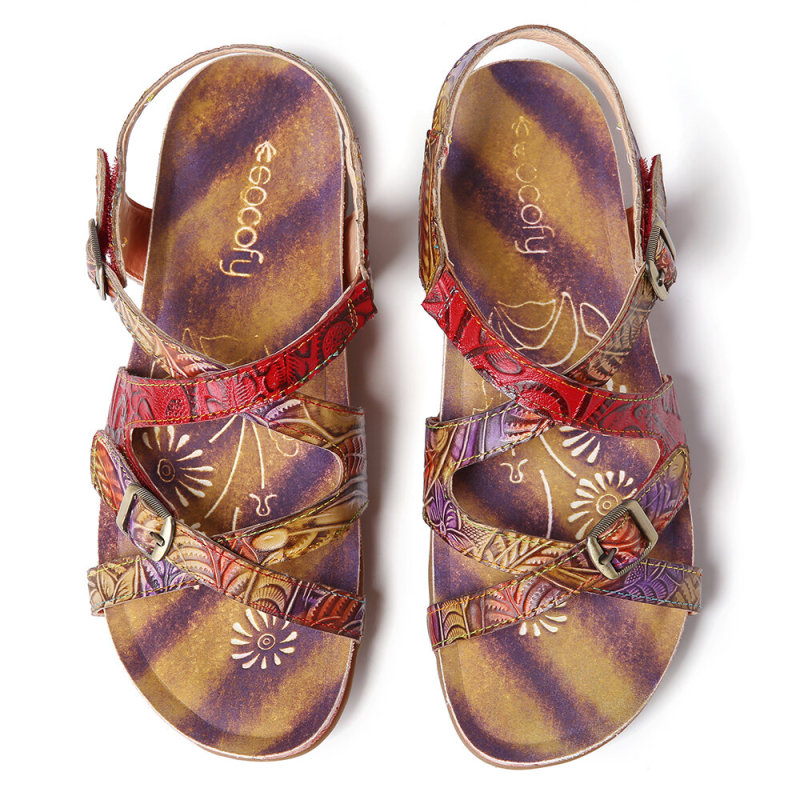 Women Handmade Leather Floral Tie-dyed Buckle Adjustable Strappy Flat Sandals