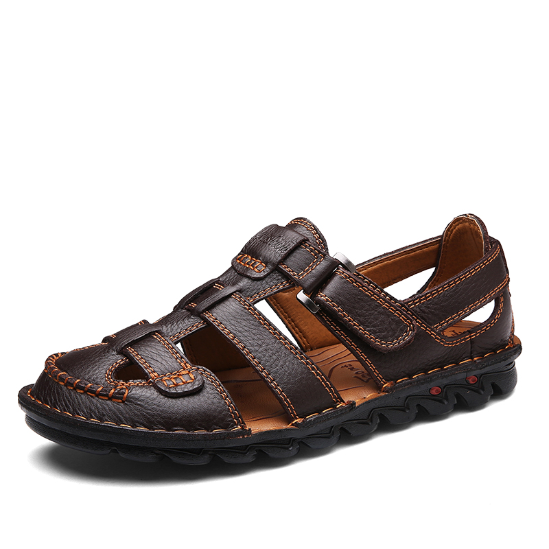 Men Genuine Leather Hand Stitching Non Slip Large Size Casual Sandals