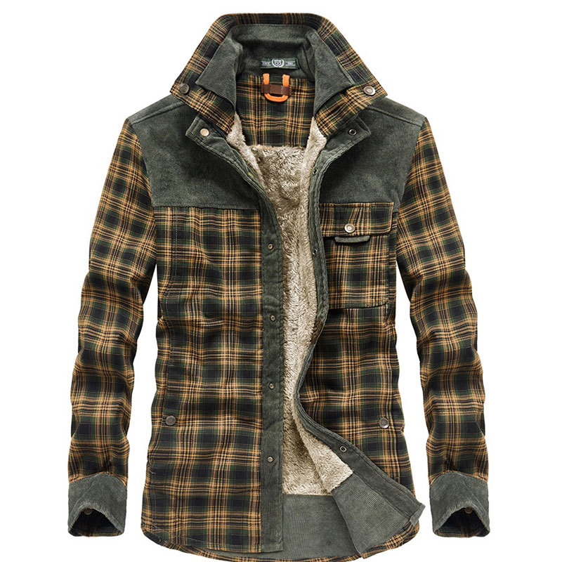 Men's, Plaid, Sherpa-line, Turn Down Collar, Cotton, Thick Jacket, outerwear, Casual, Fashion