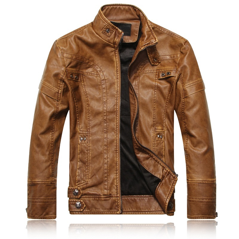 Men's, Multi Pockets, Stand Collar, Pu Leather, Motorcycle Jacket, Casual Coat, Zipper Coat