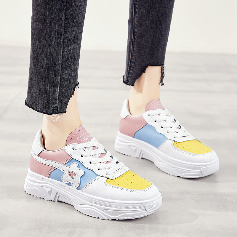 Women's, Seasons, Trendy, Breathable, Synthetic Leather, Sneakers, Colorblock, Lace-up, Flat, Multicolor,Casual shoes