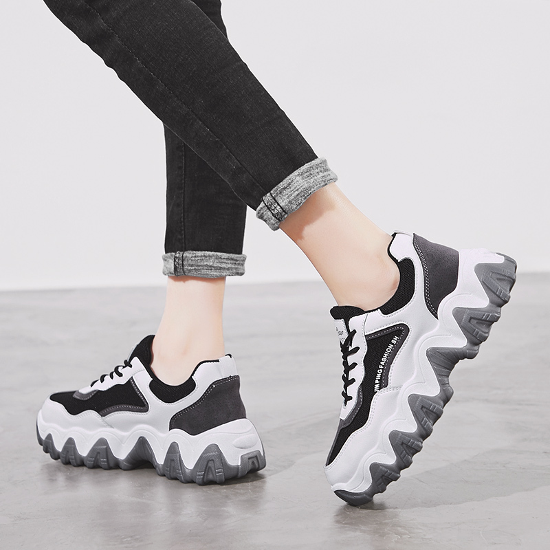 Women's, Seasons, Trendy, Breathable, Synthetic Leather, Colorblock, Sneakers, Lace-up, Chunky Sneakers, Polychromatic, Mesh, Platform, Fashion, Casual shoes,