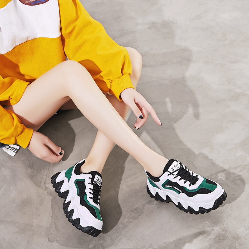 Women's, Seasons, Trendy, Breathable, Synthetic Leather, Colorblock, Sneakers, Lace-up, Chunky Sneakers, Polychromatic, Mesh, Platform, Fashion, Casual shoes,