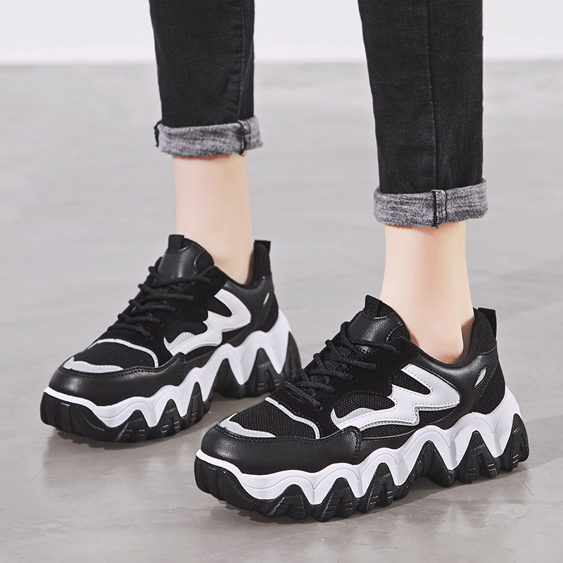 Women's, Seasons, Trendy, Breathable, Synthetic Leather, Colorblock, Sneakers, Lace-up, Chunky Sneakers, Polychromatic, Mesh, Platform, Fashion, Casual shoes