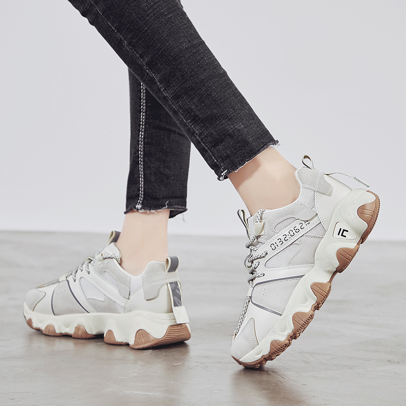 Women's, Seasons, Trendy, Breathable, Synthetic Leather, Sneakers, Lace-up, Chunky Sneakers, Mesh, Platform, Noctilucent, Colorblock, Fashion,  Casual shoes