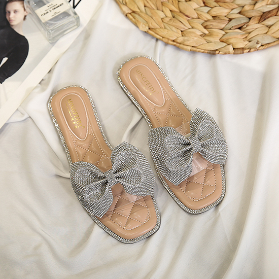 Women's, Summer,  Bow Decor, Comfortable, PVC, Sandals, Casual Shoes, Flat Sandals, Summer Slippers, Flat Slippers, Rhinestone