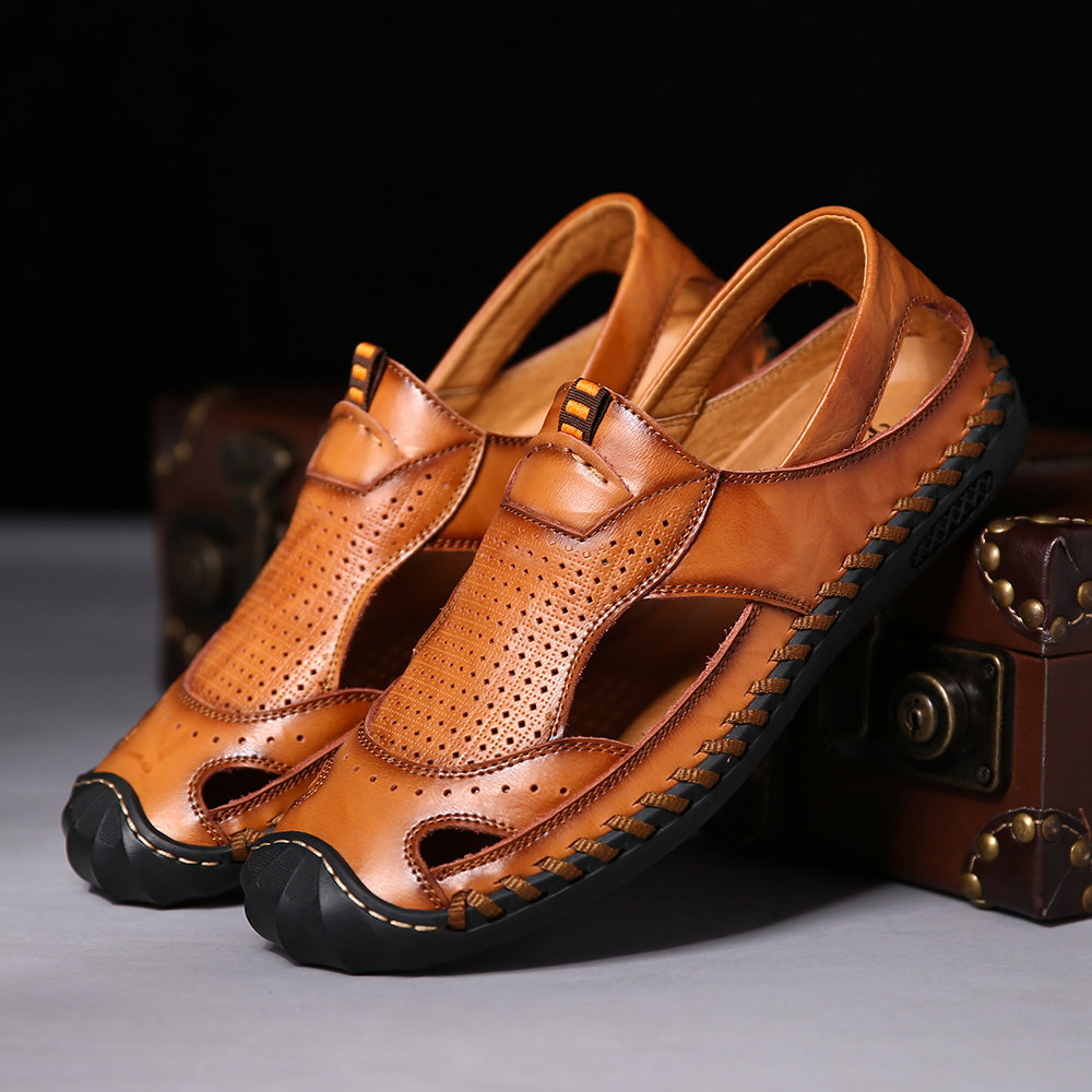 Men Hand Stitching Closed Toe Outdoor Soft Leather Sandals, Sandals