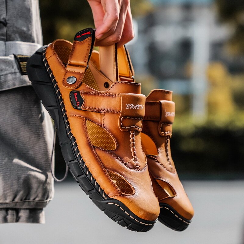 Men Genuine Leather Non Slip Hand Stitching Soft Sole Casual Sandals, Sandals