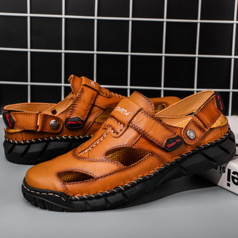Men Genuine Leather Non Slip Hand Stitching Soft Sole Casual Sandals, Sandals