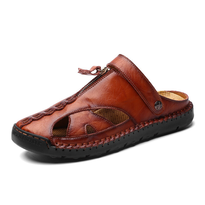 Men Closed Toe Hand Stitching Outdoor Hole Leather Sandals, Sandals