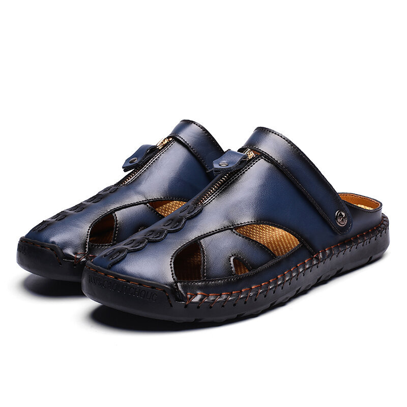 Men Closed Toe Hand Stitching Outdoor Hole Leather Sandals, Sandals