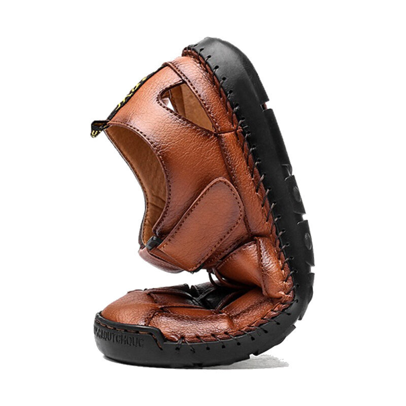 Men Hand Stitching Leather Non Slip Breathable Hoop Loop Casual Sandals , Sandals