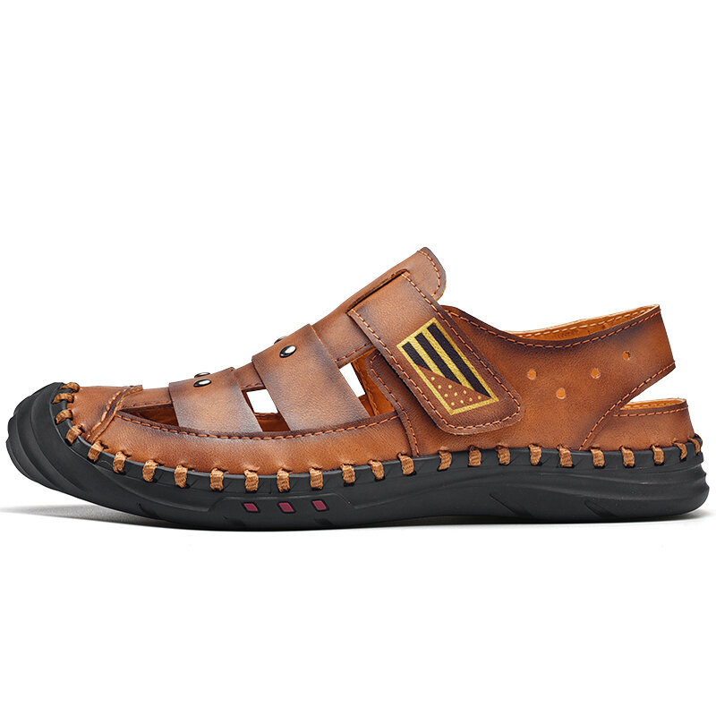 Men Hand Stitching Non Slip Hook Loop Outdoor Casual Leather Sandals, Sandals
