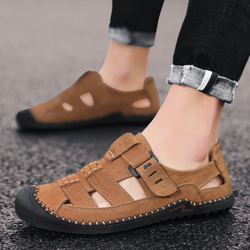 Men Cow Leather Hand Stitching Non Slip Hollow Out Casual Sandals, Sandals