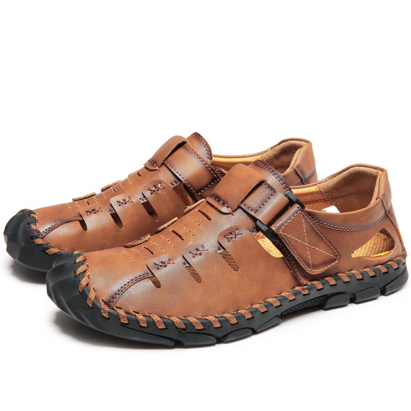 Men Hand Stitching Leather Non Slip Soft Sole Hook Loop Casual Sandals , Sandals