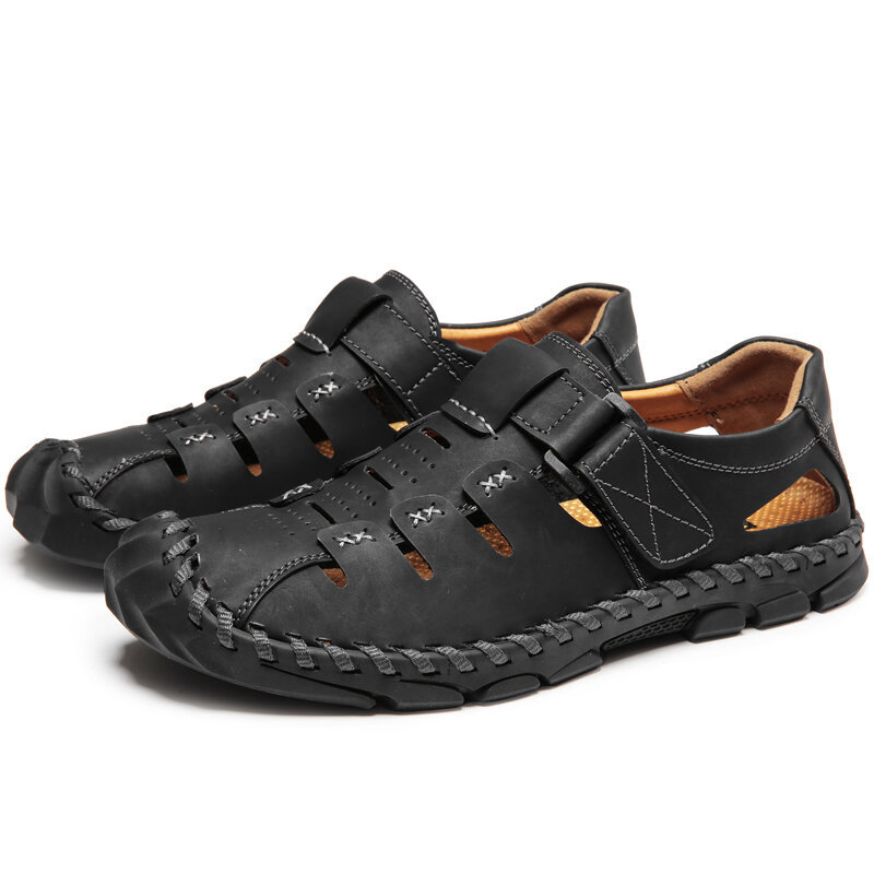 Men Hand Stitching Leather Non Slip Soft Sole Hook Loop Casual Sandals , Sandals
