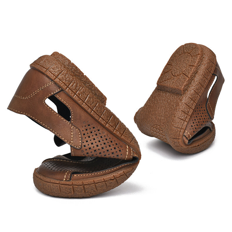 Mens Closed Toe Hand Stitching Outdoor Hole Leather Sandals, Sandals
