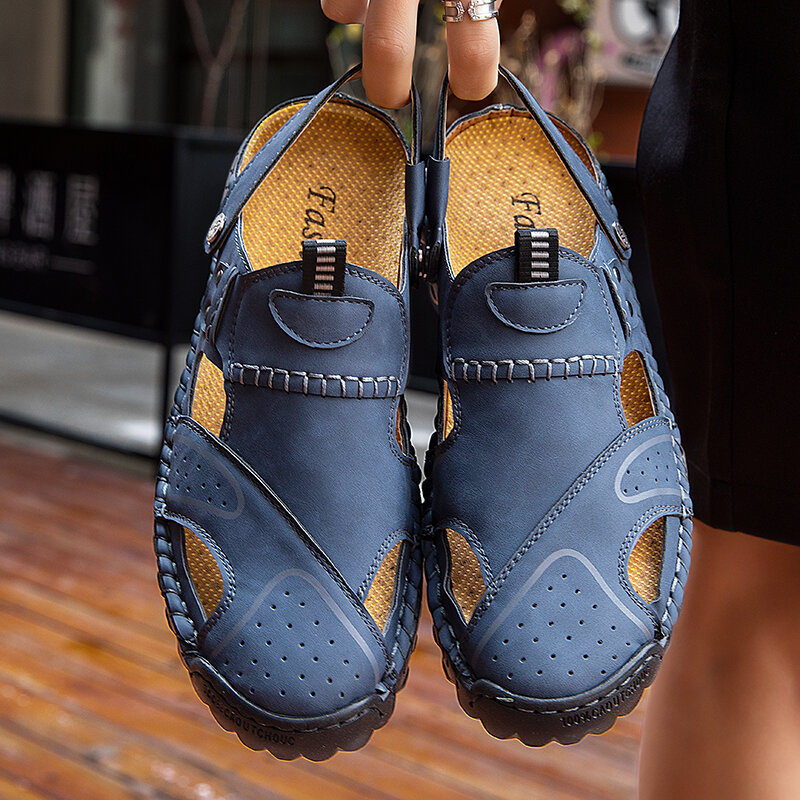 Men Hand Stitching Microfiber Leather Non Slip Soft Sole Casual Sandals, Sandals