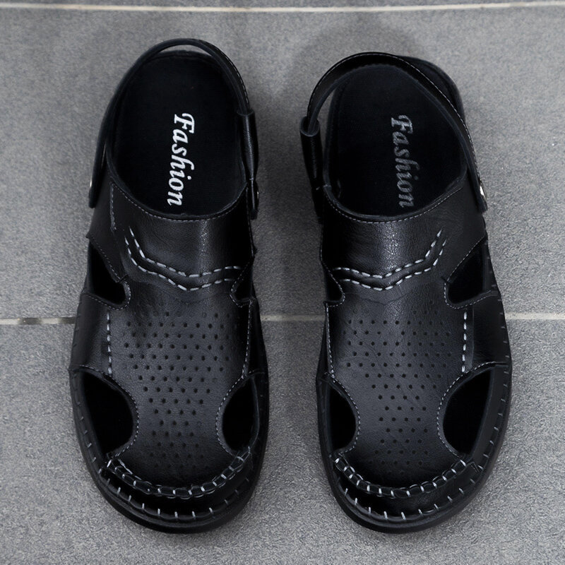 Men Closed Toe Hand Stitching Slippers Outdoor Leather Sandals, Sandals