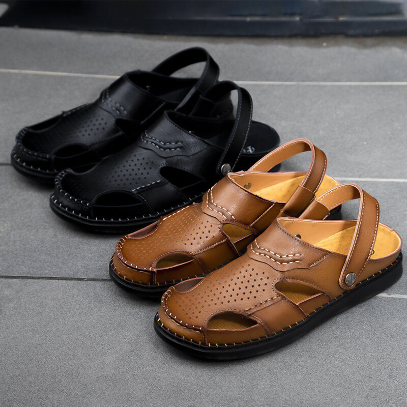 Men Closed Toe Hand Stitching Slippers Outdoor Leather Sandals, Sandals