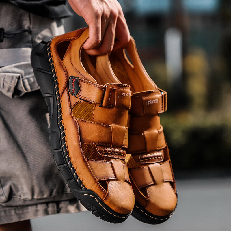 Men Closed Toe Outdoor Non Slip Woven Leather Sandals, Sandals